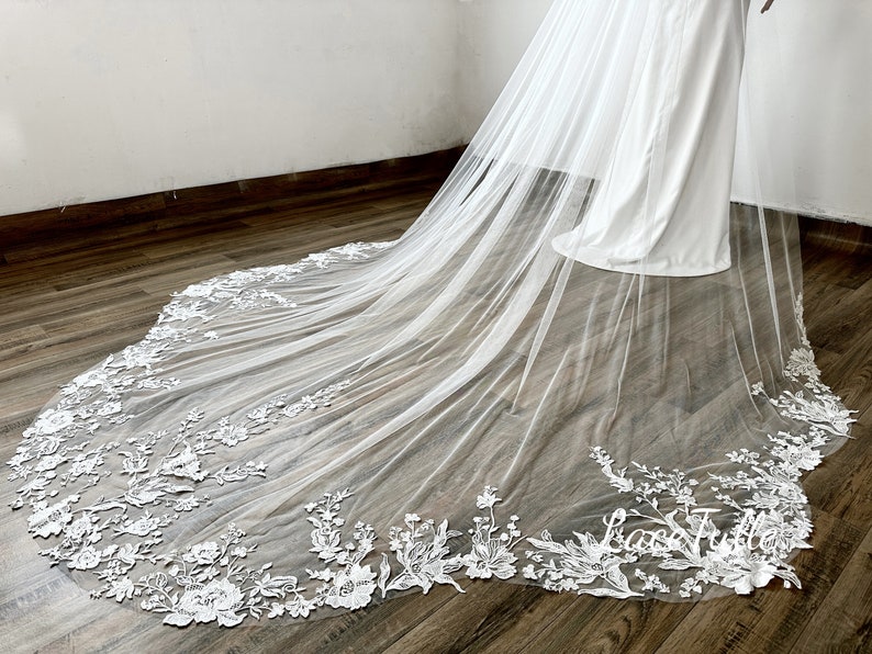 Bridal Flowers Lace Veil,Lace Edge Veil,Lace Wedding Veil,Long Veil,Cathedral Veil,Soft Tulle Veil,Wedding Veil,Wedding Accessory image 9