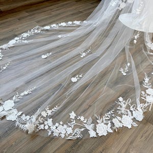 Vintage Flower Wedding Veil,Floral Sequin Veil,Floral Cathedral Veil,Ivory Wedding Veil,Blush Veil,Long Veil,Bridal Veil,Lace Veil