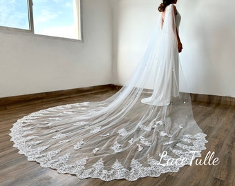 May include: A long, white bridal veil with detailed lace edging and floral patterns. The veil, worn over a white dress, has small embellishments scattered across its length. The design creates an elegant and romantic aesthetic for a wedding.
