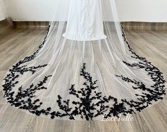 Fashion Floral Lace Bridal Veil,Black Lace Edge Veil,Floor Length Veil,Wedding Floral Lace Veil, Ivory Veil,Single Layer Veil,Sequin Veil