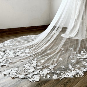 Wedding Flower Lace Veil,Pearl Lace Bridal Veil,Long Cathedral Lace Veil,3D Floral Lace Veil,Lace Applique Veil,Single Layer Veil