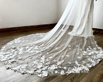 Wedding Flower Lace Veil,Pearl Lace Bridal Veil,Long Cathedral Lace Veil,3D Floral Lace Veil,Lace Applique Veil,Single Layer Veil