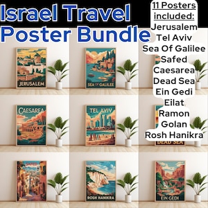 11 carteles de viaje de Israel paquete descarga digital, estilo retro cartel de viaje de Israel imprimible arte de pared decoración del hogar Vintage Jerusalén Tel Aviv