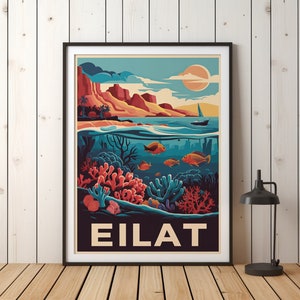 Cartel de viaje de Israel Descarga digital, estilo retro Eilat cartel de viaje imprimible arte de pared decoración del hogar Israel Vintage cartel de viaje impresión