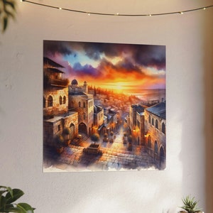 Jerusalem Painting Watercolor Textured Print Poster, Old City Poster, Jerusalem Sunset Art Print Jewish Original Artwork Home Decor Judaica