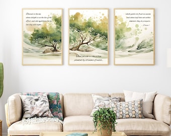 May include: Three watercolor paintings with inspirational quotes about trees and nature. The paintings are framed in wood and hung on a white wall above a beige sofa.