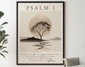 Psalm 1 Wall Art Digital Print, Like a Tree Poster, Minimalist Biblical Beige Printable Art Gift, Scripture Verse Wall Art Home Decor