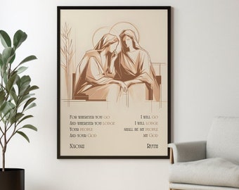 Art mural numérique Naomi et Ruth, affiche de votre peuple, mon peuple, votre Dieu, mon Dieu, cadeau de la Bible, peinture beige minimaliste, décoration d'intérieur biblique