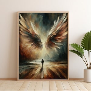 Könnte beinhalten: Ein Gemälde, das eine Person zeigt, die auf ein Paar große, braune und goldene Flügel zu geht, die vor einem dunkelblauen und braunen Himmel stehen. Die Flügel sind weit ausgebreitet und scheinen aus Federn zu bestehen. Die Person ist vor dem Licht silhouettiert, das von hinter den Flügeln kommt.