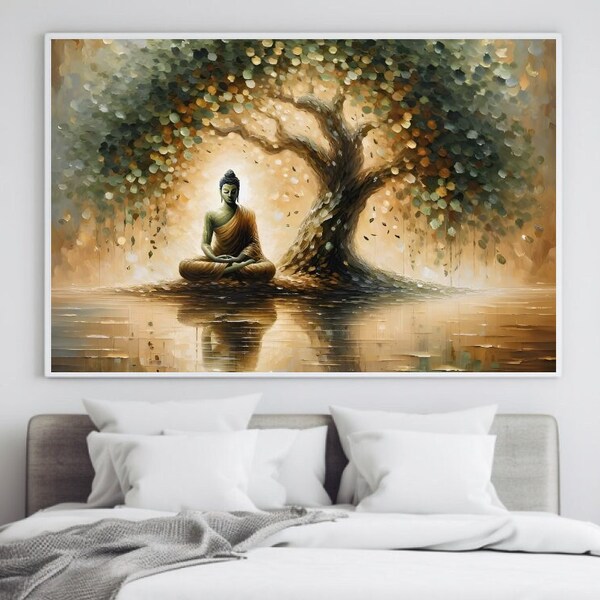 Buddha Wall Art Digital Download, Bodhi Tree Print, Meditation Oil Painting Home Decor, Unique Zen Gift Original Artwork