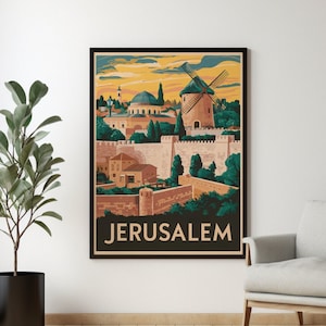 Cartel de viaje de Jerusalén Descarga digital, Estilo retro Cartel de viaje de Israel Imprimible Arte de pared Decoración del hogar Israel Vintage Cartel de Jerusalén