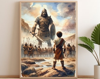 David And Goliath Wall Art Digital Download Bible Watercolor Painting Scripture Verse Wall Art Home Decor Biblical Gifts Original Painting