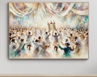 Simchat Torah Painting Digital, Dancing With Bible Artwork, Jewish Holiday Watercolor Wall Art Home Decor, Judaica Gifts, Original Paint