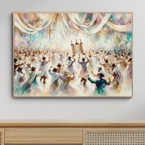 May include: A watercolor painting depicting a group of people in white robes dancing in a circle. The people are holding scrolls and are surrounded by white fabric. The painting is set against a light blue background.