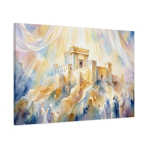 Può includere: Dipinto ad acquerello di un tempio su una collina, bagnato dalla luce dorata. Figure in abiti bianchi sono in primo piano, con uno sfondo di tonalità blu e gialle. L'opera d'arte evoca un senso di spiritualità e riverenza.