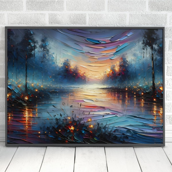 Firefly Art Digital Download, Fireflies Wall Art Home Decor,  Abstract Sunset Landscape Oil Painting, Unique Nature Original Artwork Gift