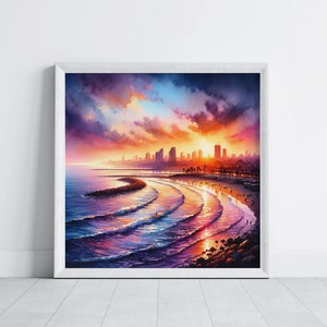 Tel Aviv Watercolor Painting Digital Download, Beach Sunset Poster, Israel Sunset Art Print Jewish Original Artwork Home Decor Judaica Print