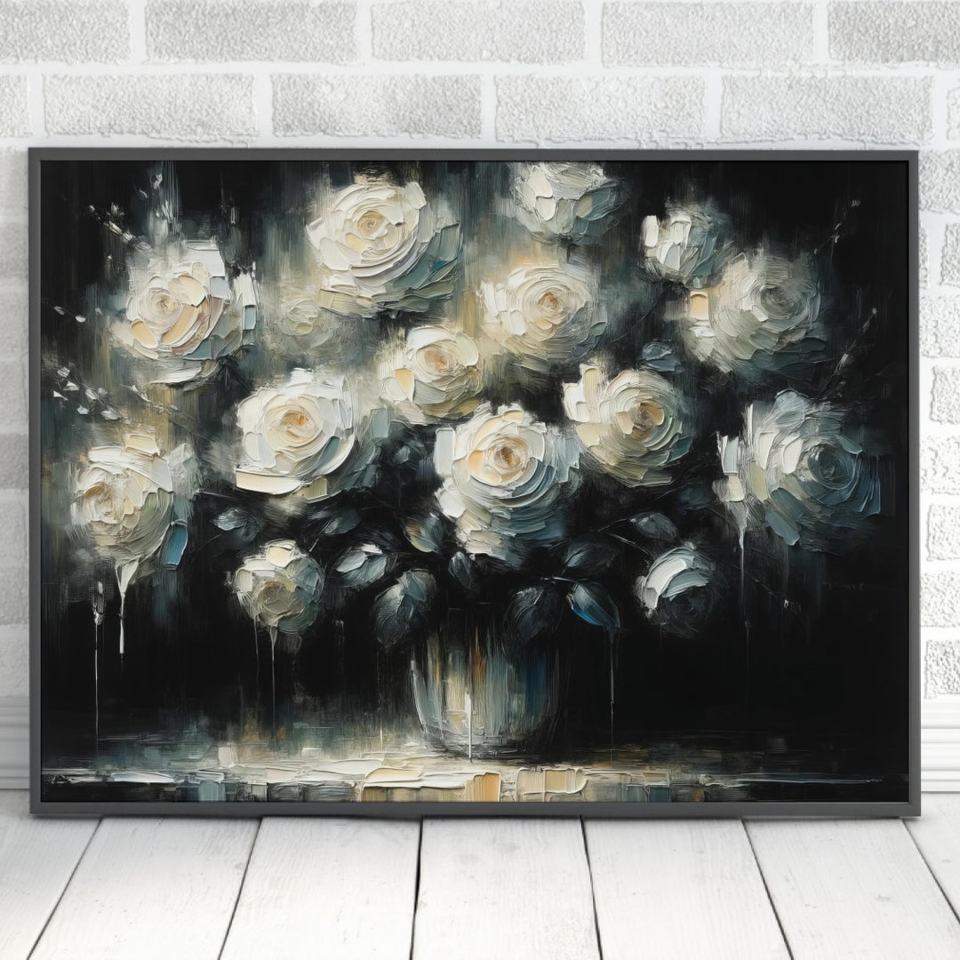 Moody White Roses Painting Digital Download Flower Vase Wall Art Flower