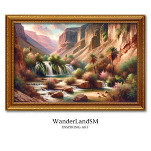 May include: A painting of a lush green oasis with a waterfall cascading down a rocky cliff. The scene is framed by a golden frame and features palm trees, lush greenery, and a clear blue pool of water.