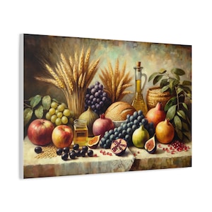 7 Fruits Of Israel Painting Canvas, Judaica Wall Art Canvas Print Gift, Israel 7 Species Painting Jewish Home Decor, Jewish Modern Artwork