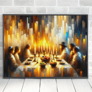 Shabbat Table Oil Painting Digital Download, Family Sabbath Dinner Artwork, Judaica Wall Art Home Decor Jewish Gifts Abstract Original Paint