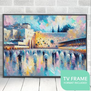 May include: A colorful painting depicting a crowd of people gathered in front of a stone wall. The wall is adorned with intricate details and a small tree. The sky above is painted in shades of blue, pink, and yellow, creating a sense of serenity and spirituality.