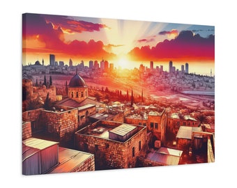 Jerusalem Sunset Painting Canvas, Inspiring Jerusalem Wall Art Canvas Print Gift, Iconic Israel Painting Jewish Home Decor, Modern Artwork