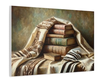 Siddur and Tallith Painting Canvas, Judaica Wall Art Canvas Print Gift, Prayer Book Painting Judaica Home Decor, Jewish Modern Artwork