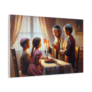Family Shabbat Table Painting Canvas, Judaica Wall Art Canvas Print Gift, Shabbat Blessing Painting Jewish Home Decor Jewish Modern Artwork