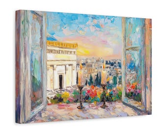 Puede incluir: Una pintura de una ventana con vista a un horizonte urbano y un edificio con una cúpula dorada. Dos velas encendidas están en primer plano, con flores en macetas en el alféizar de la ventana.