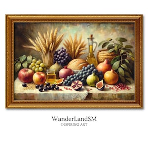 Vintage 7 Species Painting Digital Download, Land of Israel Fruits Judaica Wall Art Home Decor, Jewish Printable Gift, Original Art Print