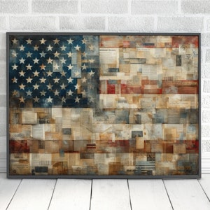 Vintage American Flag Wall Art Gift Digital Print, Patriotic USA Antique Collage Painting, American Pride Modern Paint Canvas Home Decor