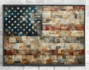 Digitalt tryck av amerikansk flagga, antik collagemålning med patriotisk USA, modern kanvas, heminredning, amerikansk stolthet