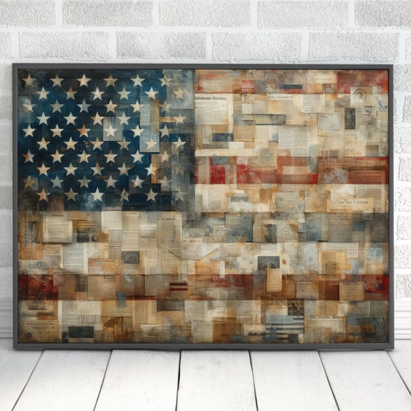 Vintage bandera americana pared arte regalo impresión digital, pintura de collage antiguo patriótico de EE.UU., orgullo americano pintura moderna lienzo decoración del hogar