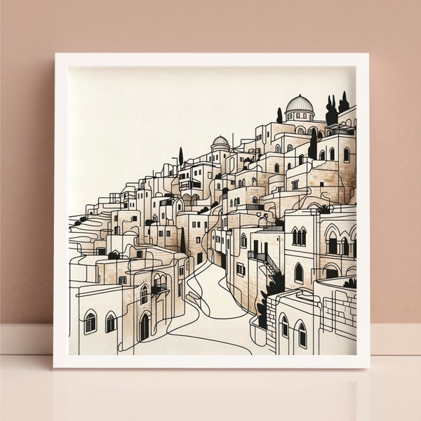 Jerusalem Line Art Digital Download, Jerusalem Old City Poster, Minimalist Beige Jerusalem Painting, Jewish Artwork Home Decor Judaica Print