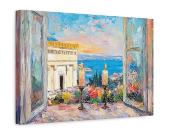Puede incluir: Una pintura de una ventana con una vista abierta de un edificio blanco con un techo dorado, un mar azul y una ladera verde. Dos velas encendidas están en primer plano.