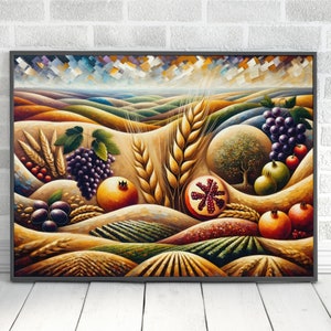 7 Species Israel Painting Digital Download, Fruits And Land Judaica Wall Art Home Decor, Jewish Printable Gift, Israel Art Original Paint