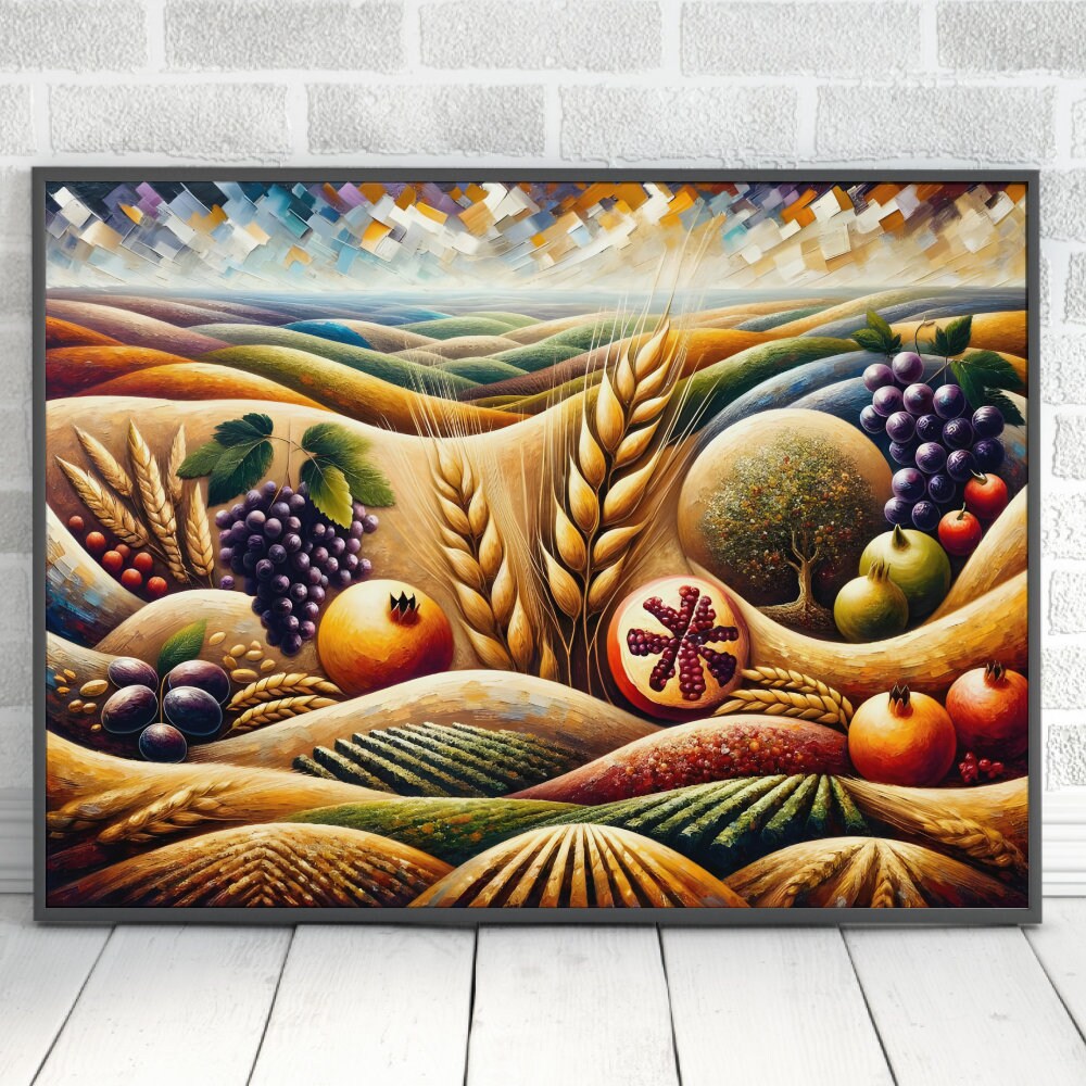 7 Species Israel Painting Digital Download, Fruits And Land Judaica Wall Art Home Decor, Jewish Printable Gift, Israel Art Original Paint
