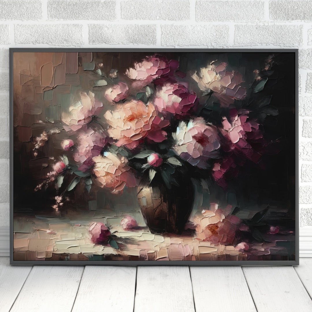 Moody Pink Roses Painting Digital Download Flower Vase Wall Art Flower ...