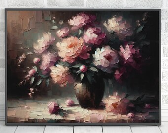 Moody Pink Roses Painting Digital Download Flower Vase Wall Art Flower Print Still Life Print Moody Flower Roses Wall Art Vintage Painting
