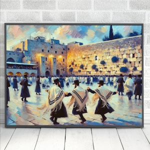 May include: A painting depicting a group of people in traditional clothing dancing in front of a large stone wall. The scene is set in a city with buildings in the background. The painting is done in a colorful style with a warm palette.