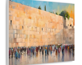May include: A painting depicting a large stone wall with people gathered in front of it. The wall is a pale yellow color and has a rough texture. The people are dressed in a variety of colors and are standing in a line facing the wall. The sky is a light blue color and there are some trees in the background.