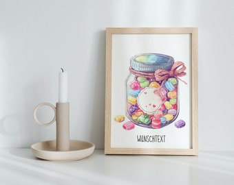 Wandbild "Süßigkeiten" DIN A4 personalisierbar mit Wunschtext oder Name für das Kinderzimmer / Wohnzimmer / Flur - personalisiert