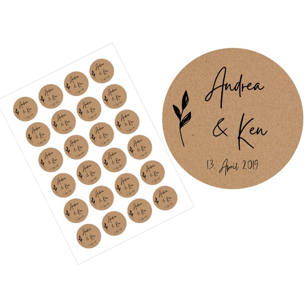 24 adesivi per matrimonio in carta kraft con nomi e data - personalizzabili / personalizzati - 40 mm marrone / semplice / moderno