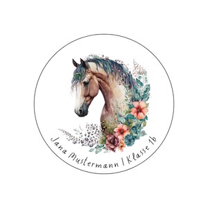 35x horse with flowers children's stickers with name for children / school - customizable - personalized sticker 35 mm / 50 mm / 60 mm