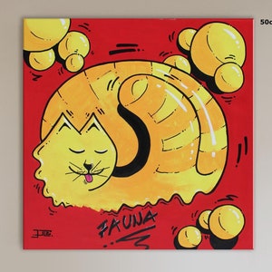 Kat op canvas, straatkunst, kattencadeau, hygge, gezellig, expressionisme, schilderen, chill, vierkant, huisdier, cadeau, foto