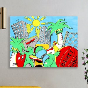 Straatkunstschilderij, basketbal, skateboardfoto, wolkenkrabber, schilderkunst, surrealisme, stad, popart, cadeau, woondecoratie, horizontaal