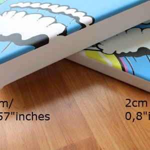Op de afbeelding: Twee canvasdoeken met witte frames, een is blauw met witte wolken en de tekst "SUMMER" en de andere is blauw met gele en roze accenten. Het canvasdoek links meet 4 cm of 1,57 inch en het canvasdoek rechts meet 2 cm of 0,8 inch.