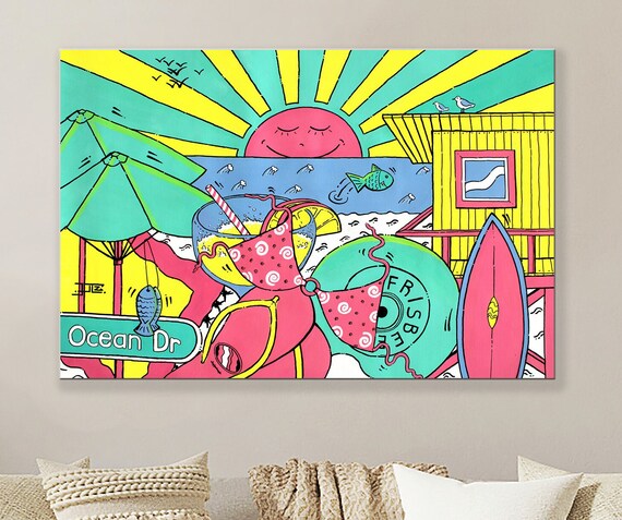 Miami Beach, Street Art Gemälde, Sonnenuntergang, Strand, Beach life, Acrylbild auf Leinwand, horizontal, Malerei, Pop Art, Expressionismus