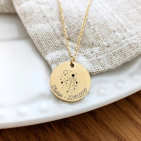 Collier personnalisé signe du zodiac avec médailles rondes à graver - Collier femme, astrologie, cadeau naissance